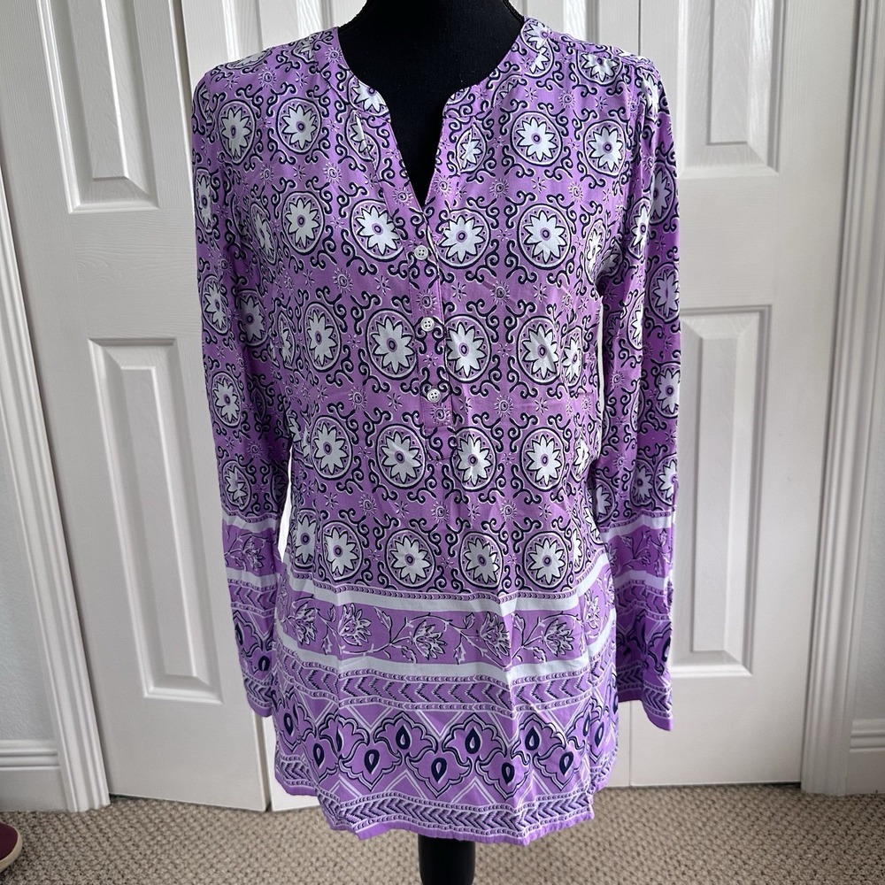 Talbots Womens Lavender White Floral Cotton Tunic Top Split Neck Size L
